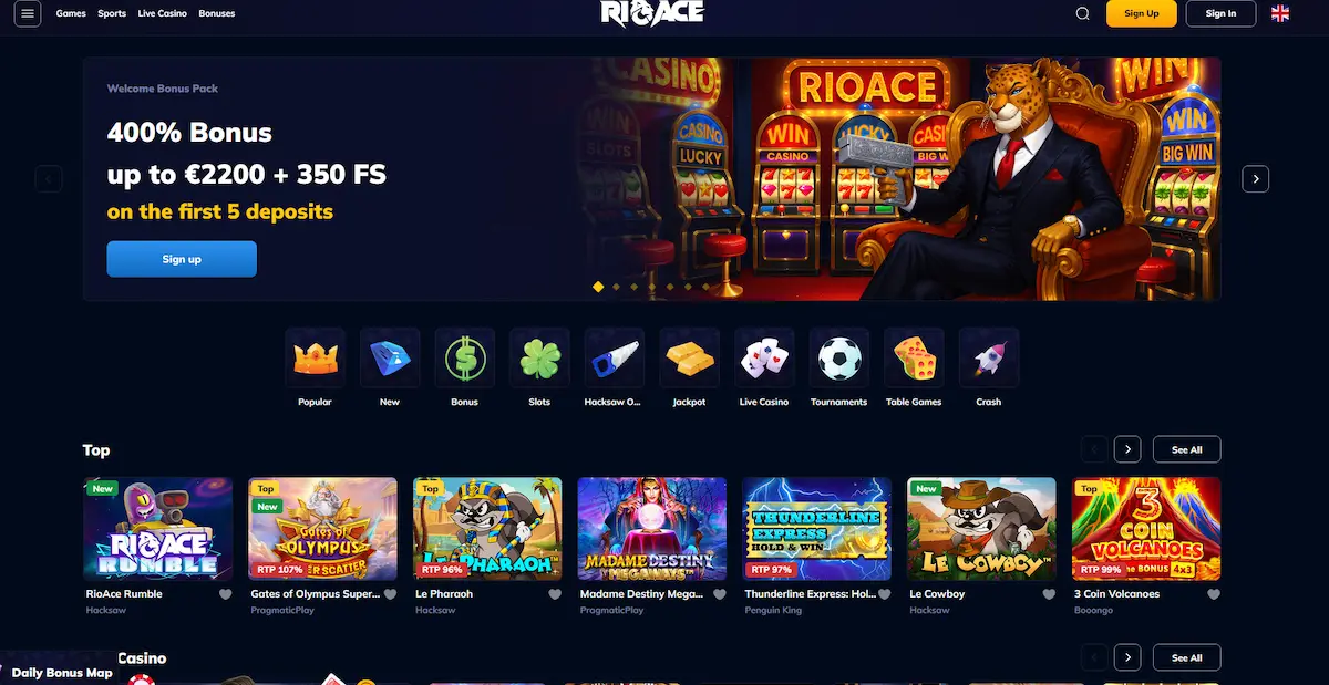 Rioace Spielkatalog mit Slots, Live-Casino und Tischspielen