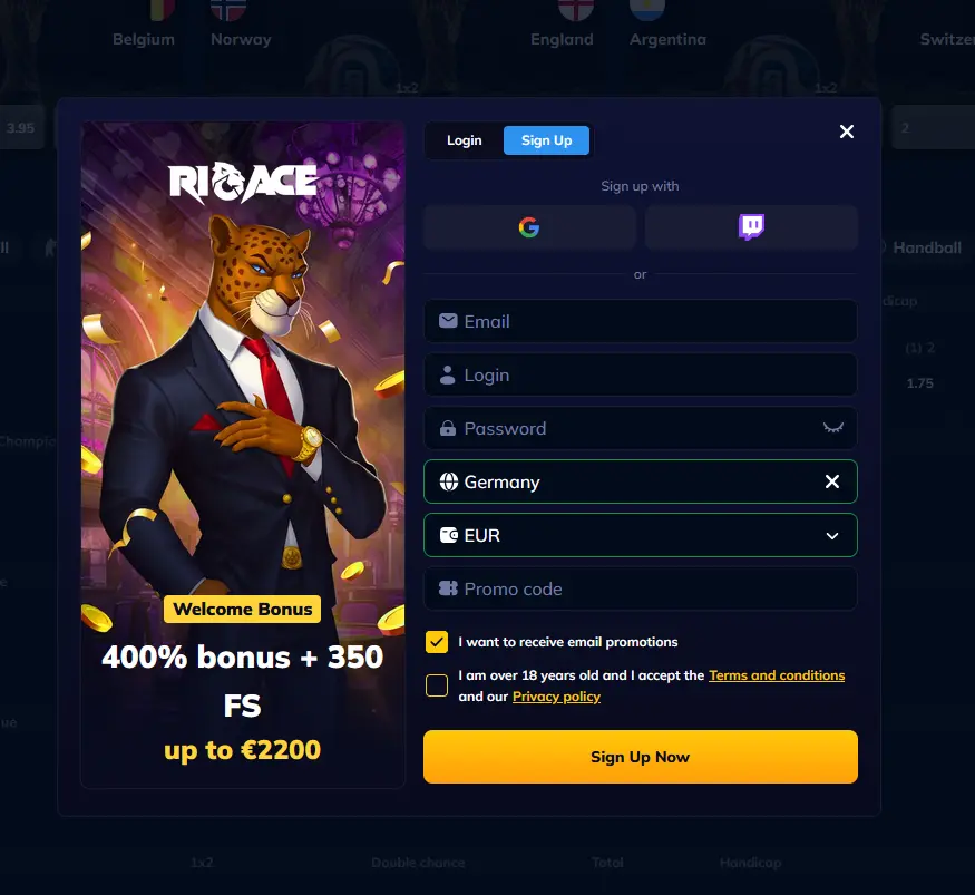 Rioace Registrierungsformular für ein neues Spielerkonto