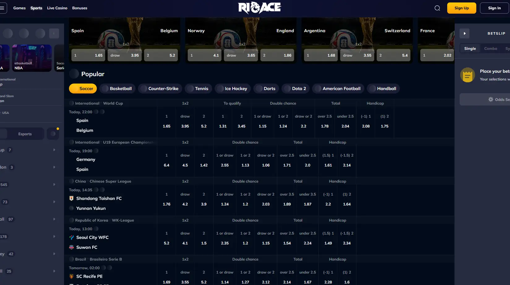 Sportwetten-Bereich von Rioace mit Live-Quoten